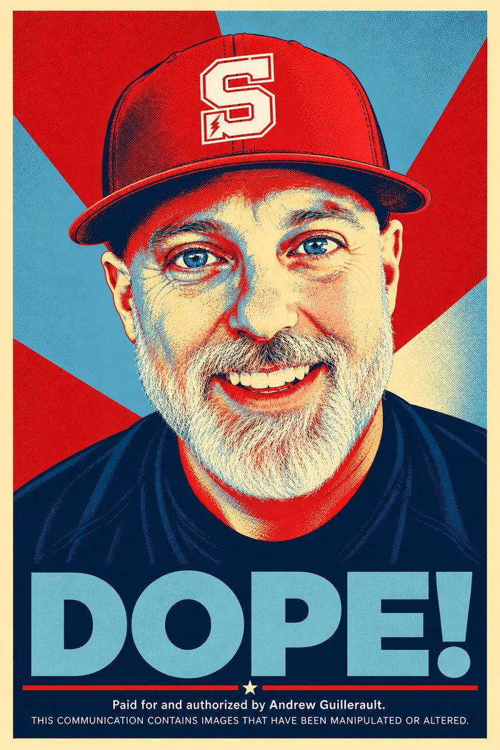 Poster-style portrait of Andy in a red S cap with the word DOPE!