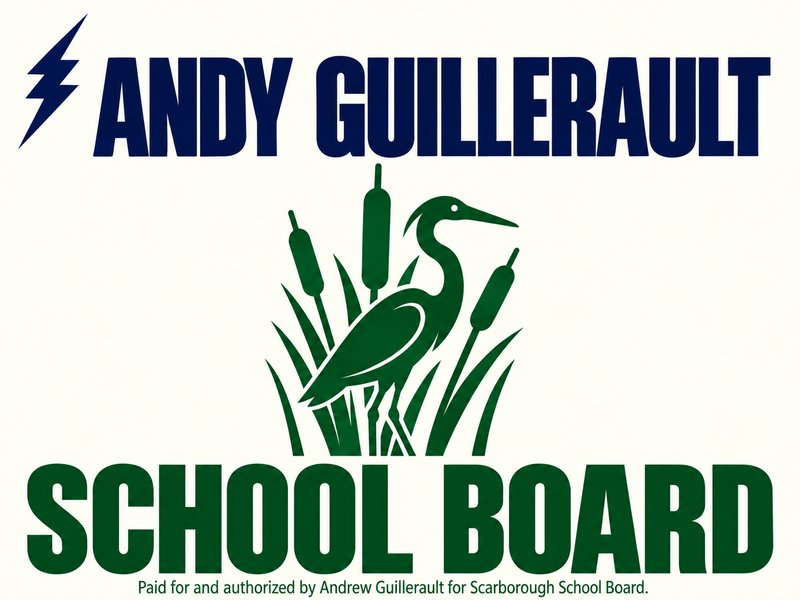 Sign with a green heron: Andy Guillerault, School Board