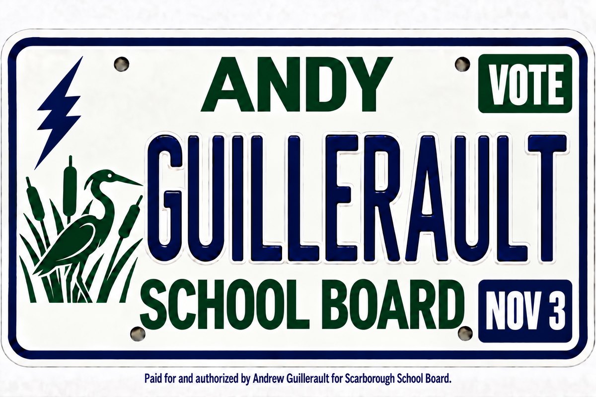 License-plate style graphic: Vote Andy Guillerault, School Board, Nov 3